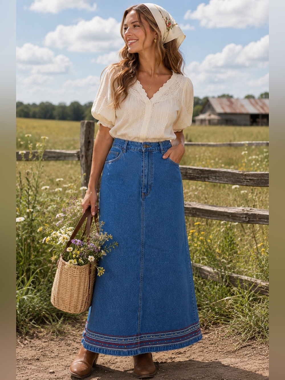 Vintage Sun River Clothing Co Beaded Embroidered Denim Maxi Skirt Size Medium